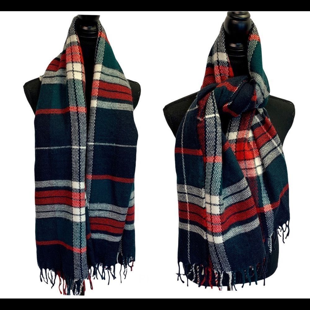 NAVY blue red green white plaid check soft fall winter blanket scarf